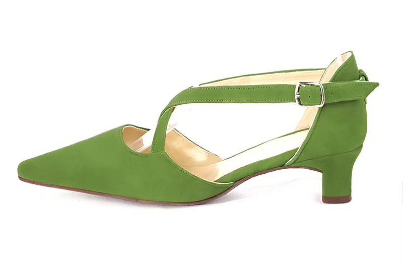 Grass green women's open side shoes, with crossed straps. Tapered toe. Low kitten heels. Profile view - Florence KOOIJMAN
